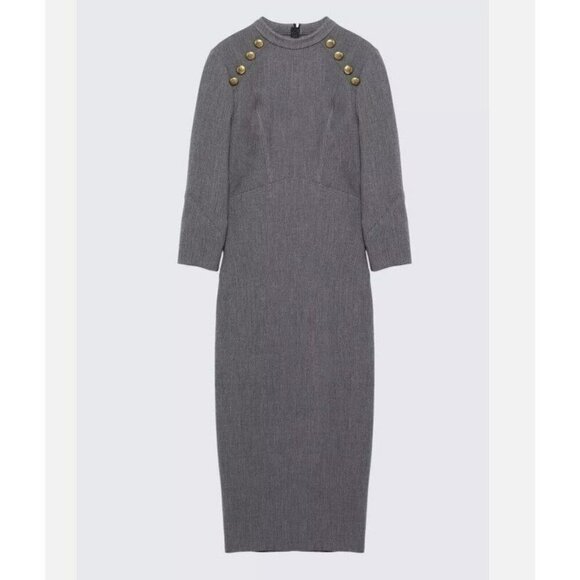 Zara Woman Gray Tweed Pencil Tube Nautical Button Midi Dress Medium‎ - Picture 2 of 15